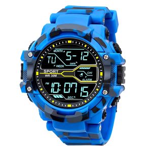 IIK COLLECTION Digital Black Dial, 12h/24h Time, Led back light, Multi-Functional, Calendar Day and Date, Alarm, LED Display, Blue Army Design Strap Digital Sports Watch - For Men & Boys