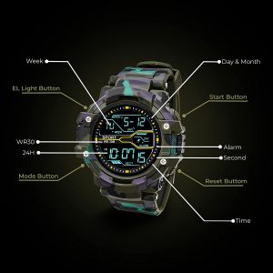 IIK COLLECTION Digital Black Dial, 12h/24h Time, Led back light, Multi-Functional, Calendar Day and Date, Alarm, LED Display, Green Army Design Strap Digital Sports Watch - For Men & Boys