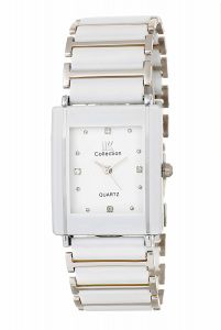 IIK COLLECTION Rectangle White Stone Studded Dial With White & Silver Metallic Bracelet Chain Strap Analogue Wrist Watch for Men and Boys